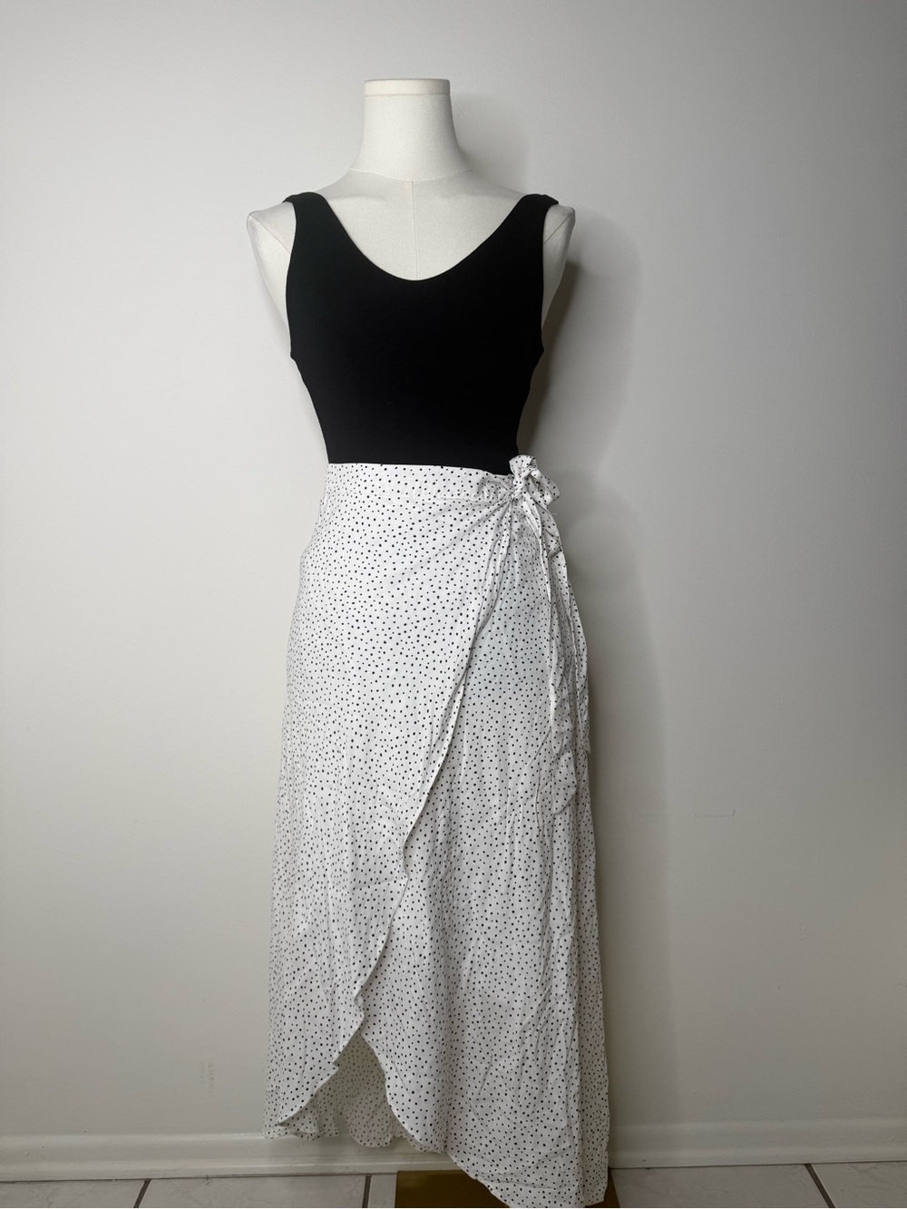 Polka Dot Wrap Midi Skirt in White